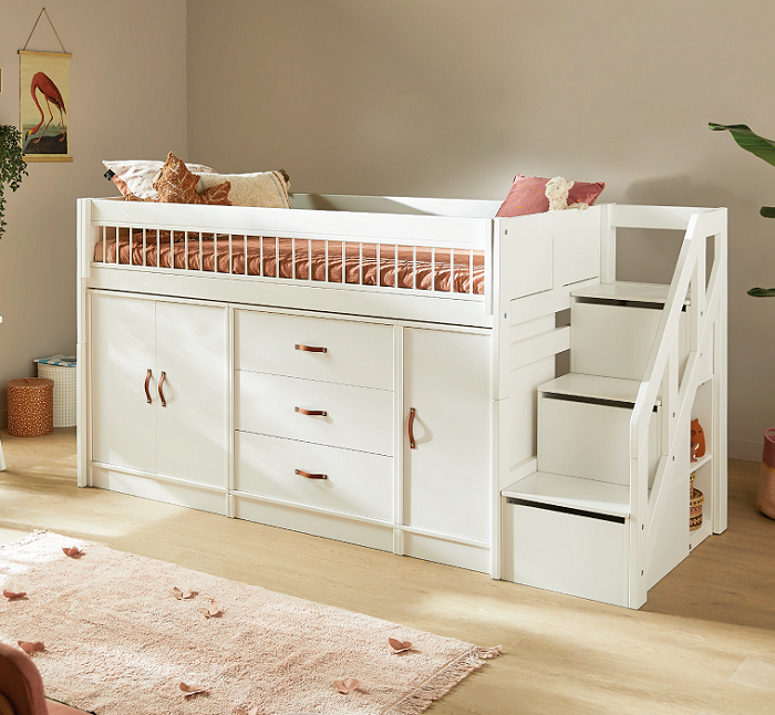 Letto per bambini 90*200 cm, letto a castello basso con scala di sicurezza,  bianco